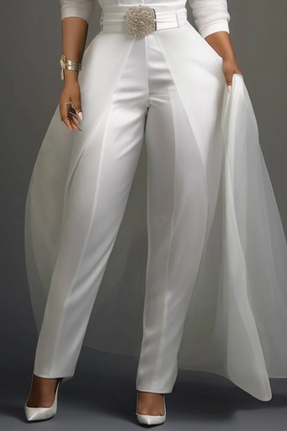 Plus Size Wedding Organza White Elegant V Neck 3/4 Sleeve Detachable Overskirt Pocket Satin Jumpsuits