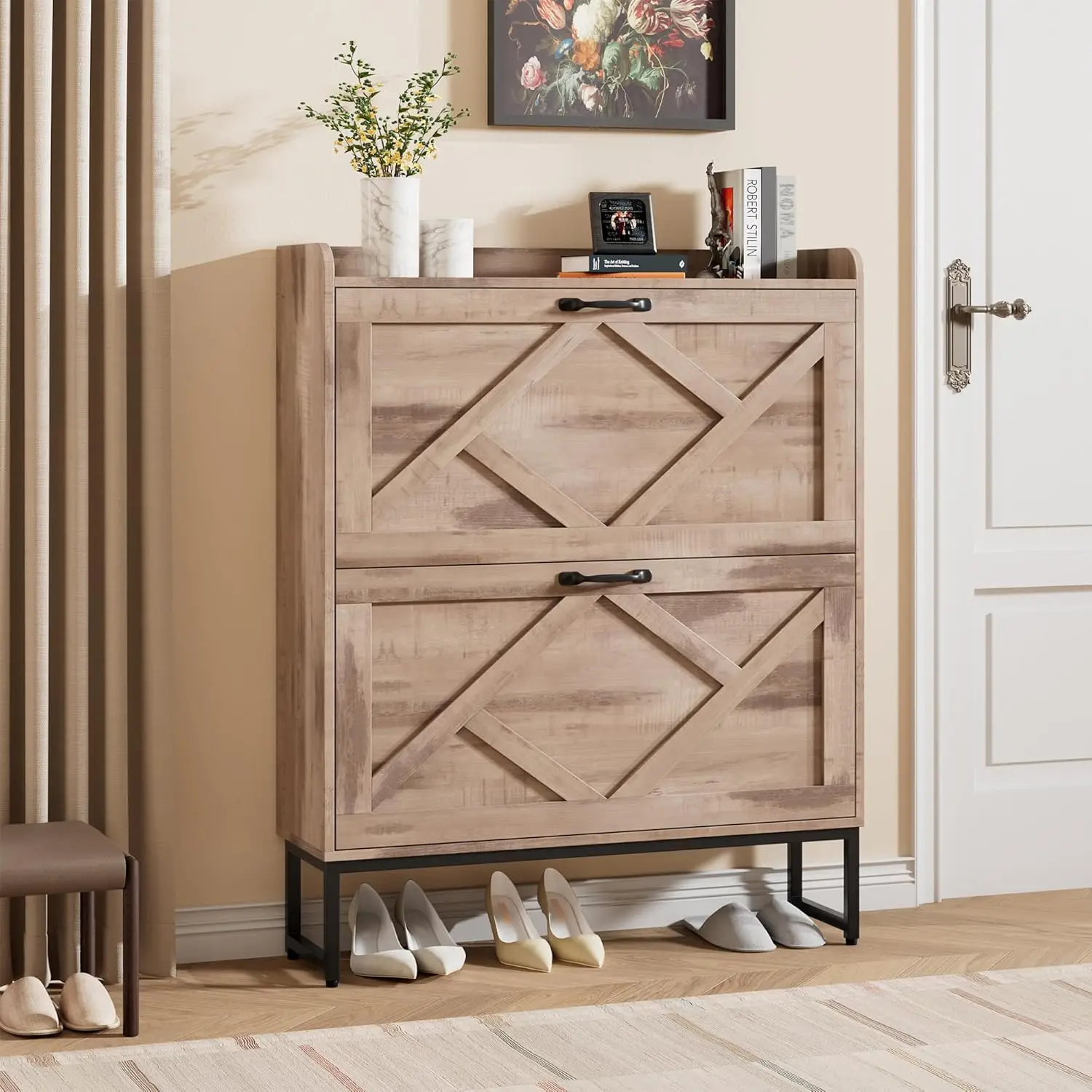 

Тонкий шкаф для обуви с двумя откидными ящиками, отдельно стоящее хранилище для прихожей, отделка из тостового дуба