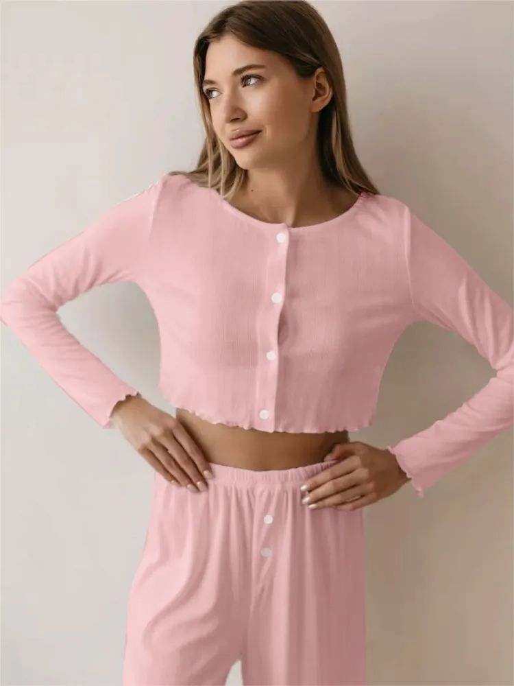 

2025 Spring And Summer Women's New Sexy Pajamas Homewear Set Knitted Design Long Sleeve Long Pants Pajamas Homewear Set Females
