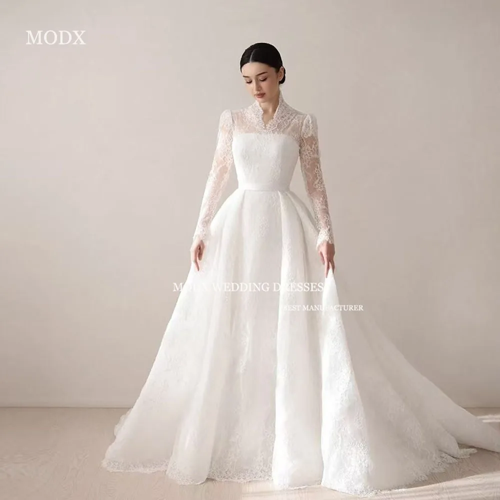 MODX Squisito abito da sposa in pizzo principessa con scollo a V maniche lunghe staccabile Sweep Train Abito da sposa formale da donna personalizzato