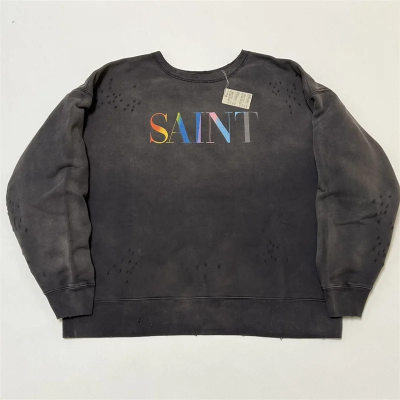 

25ss Destroy Washed Black Saint Michael Hoodie Men Women 1:1 Top Quality Pure Cotton Rainbow SAINT Sweatshirts