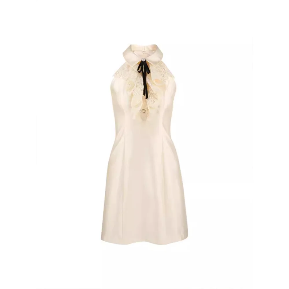 Celebrity elegant delicate temperament tie bow lapel hanging neck sleeveless dress female