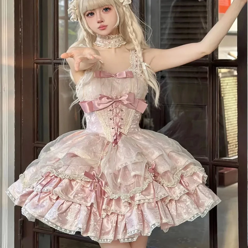 Japan JSK Pink Sweet Lolita Princess Dress Organza Bow Ruffles Lace Fluffy Bubble Skirt Cross dresser Sissy Maid Role Play cos