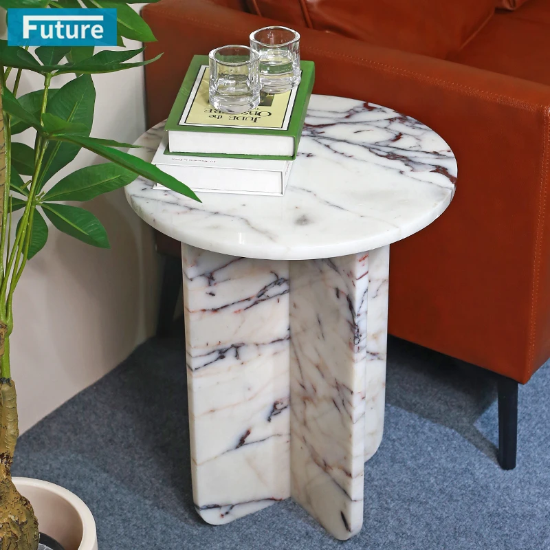 Natural Calacatta Viola Marble Stone Side Table with Low Plinth Cross Shape Leg and Round Top for Apartment Villa Mansion Hotel