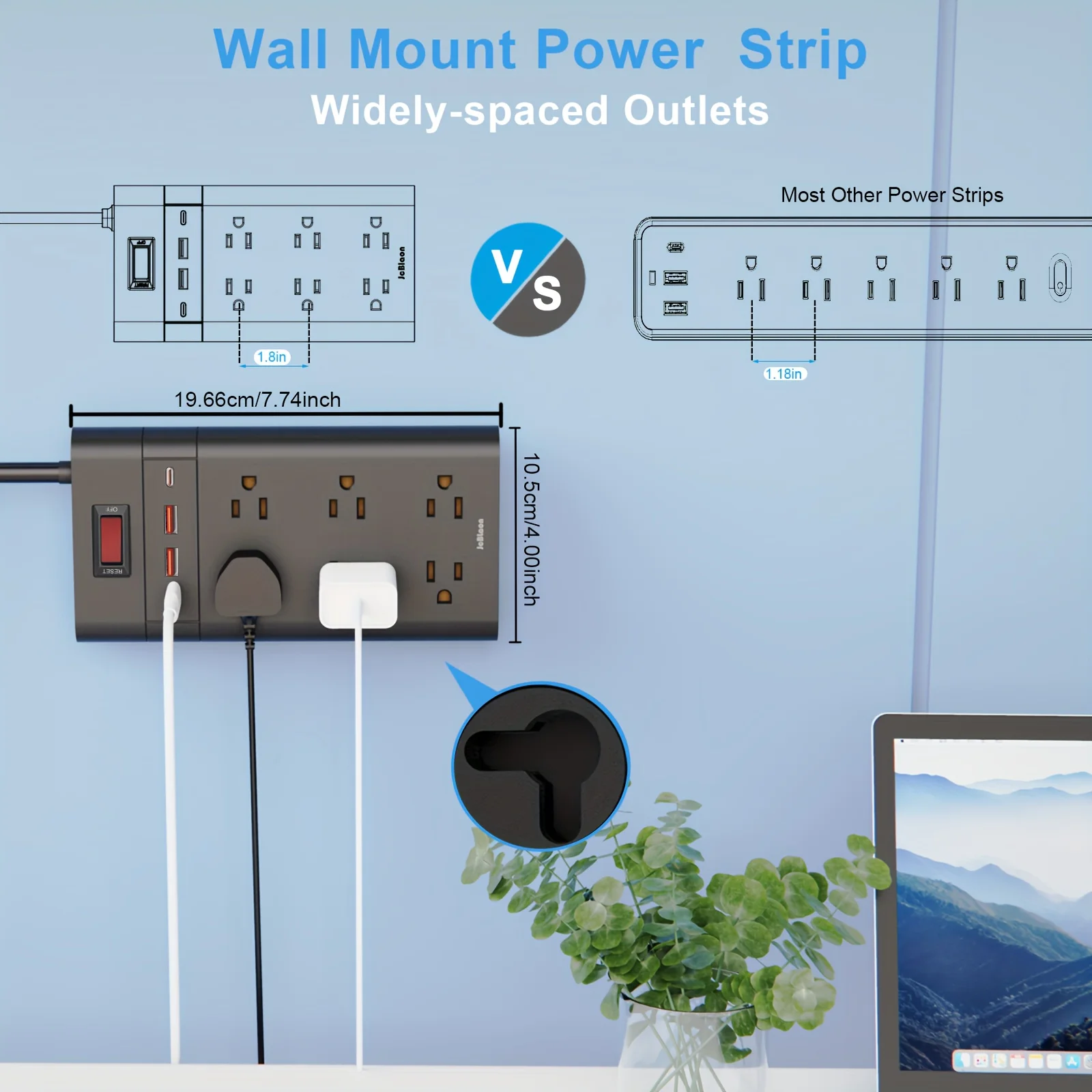 Surge Protector Power Strip with 4 USB Ports(2 USB C and 2 USB A), Wall Mount Flat Plug Extension Cord, 1050J