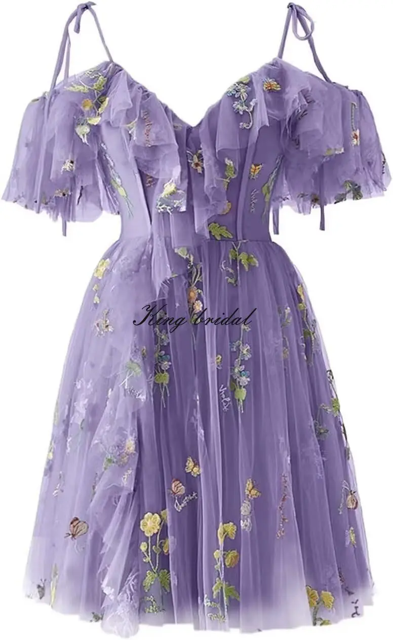 花刺繍チュールショートホームカミングドレス十代の若者たち 2026 ミニスパゲッティストラップフォーマルプロムパーティードレスジュニアブライドメイド