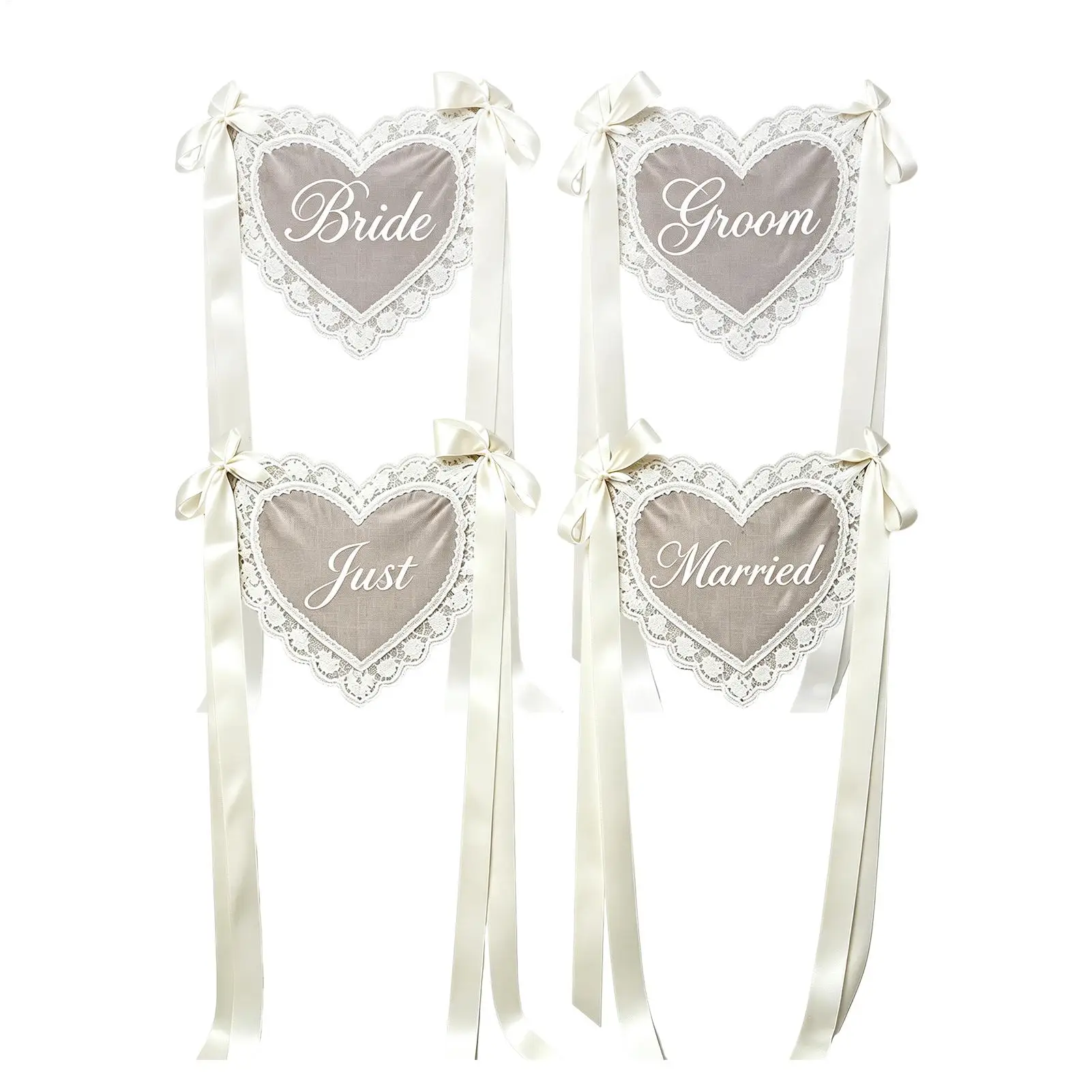 Just Married Chair Sign 2 Piece Heart Sheer Lace with 3 Meters Ribbon Elegant Wedding Chair Decor for Reception Ceremony Bridal