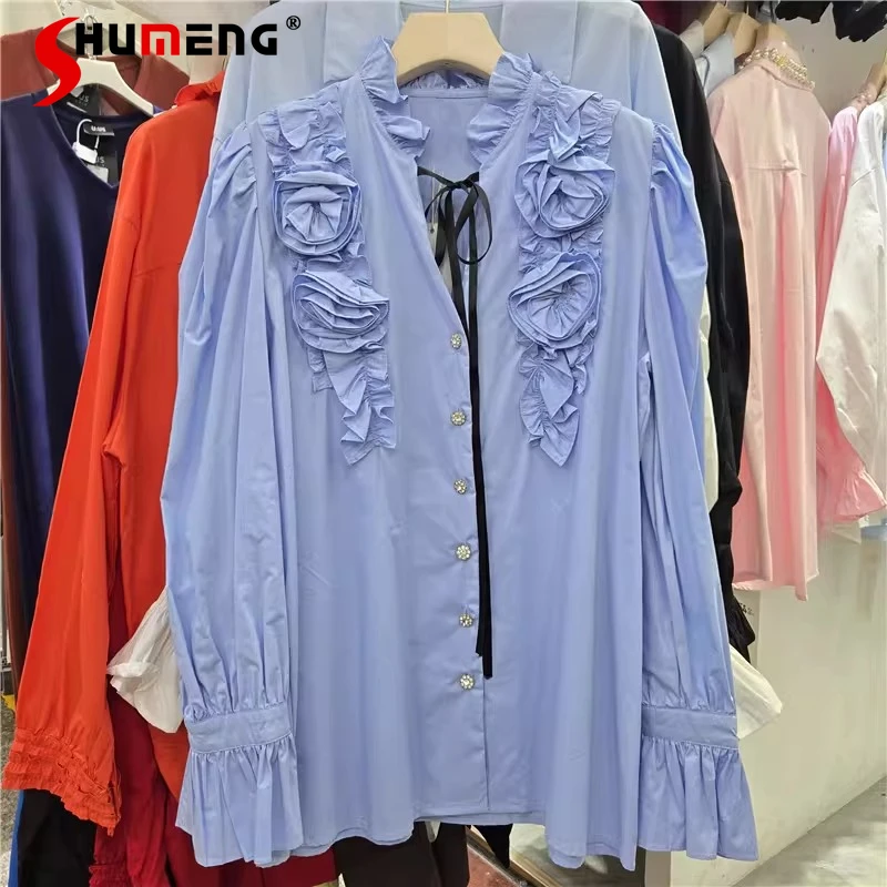 

Women's 2026 Spring New Fashion Long Sleeve Beauty Shirts Pleated 3D Flower Lace-up Design Tops Feminine Elegant Loose Shirts