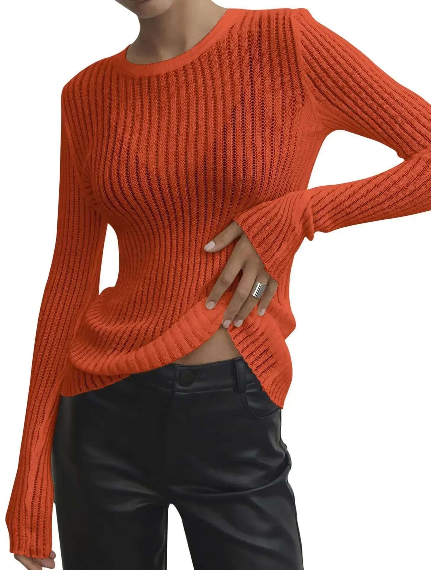 T-Shirts Transparent Long Sleeve Top Fashion Ladies O-neck Tees Skinny Top Outfits Elegant Striped See Through Clothes Summer