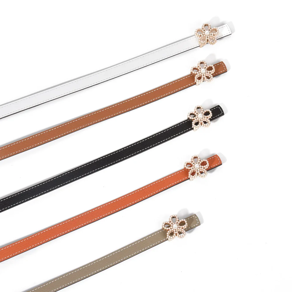 Flower studded diamond thin waist belt, versatile and exquisite buckle, cowhide waist belt with jeans, double-sided two tone