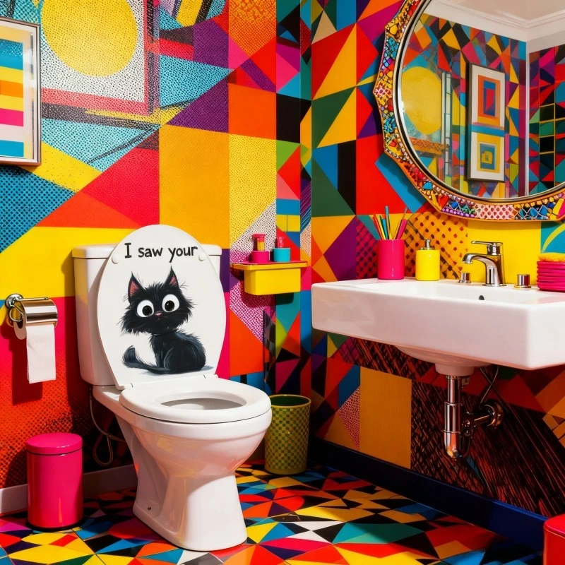 AD34142 Cartoon Black Cat with English Pattern Toilet Seat Sticker Self Adhesive Waterproof Bathroom Decor Art Toilet Stickers