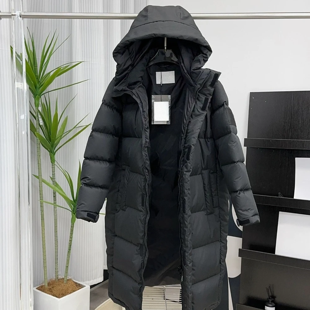 الفاخرة مصمم طويل سميكة أوزة أسفل سترة المرأة العلامة التجارية الركبة طول معطف ملابس خارجية الذاكرة النسيج كم طويل 2025 جديد #4