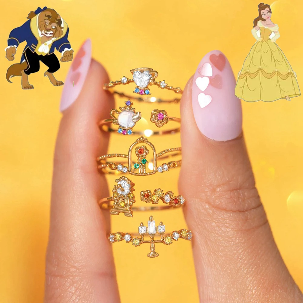 

Disney Beauty and The Beast Series Ring for Women Cartoon Movie Princess Belle Colored Zircon Ring Jewelry Girls Birthday Gifts