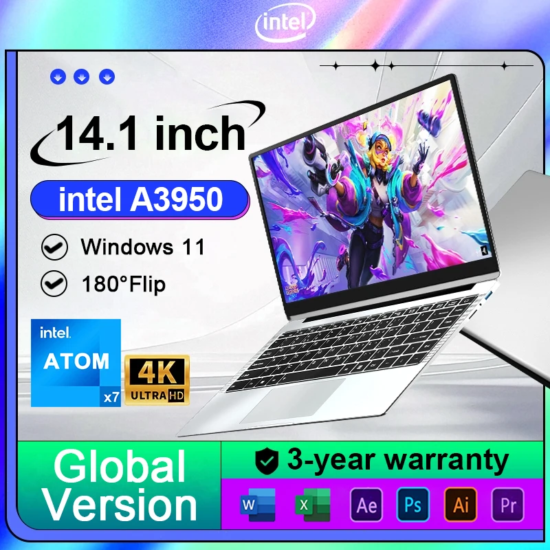 

Тонкий ноутбук 14,1 дюйма Intel Atom x7 A3950 Windows 11 Pro 12 ГБ ОЗУ 512 ГБ 1 ТБ SSD 1920*1080 180 ° Офисный учебный ноутбук Компьютер ПК