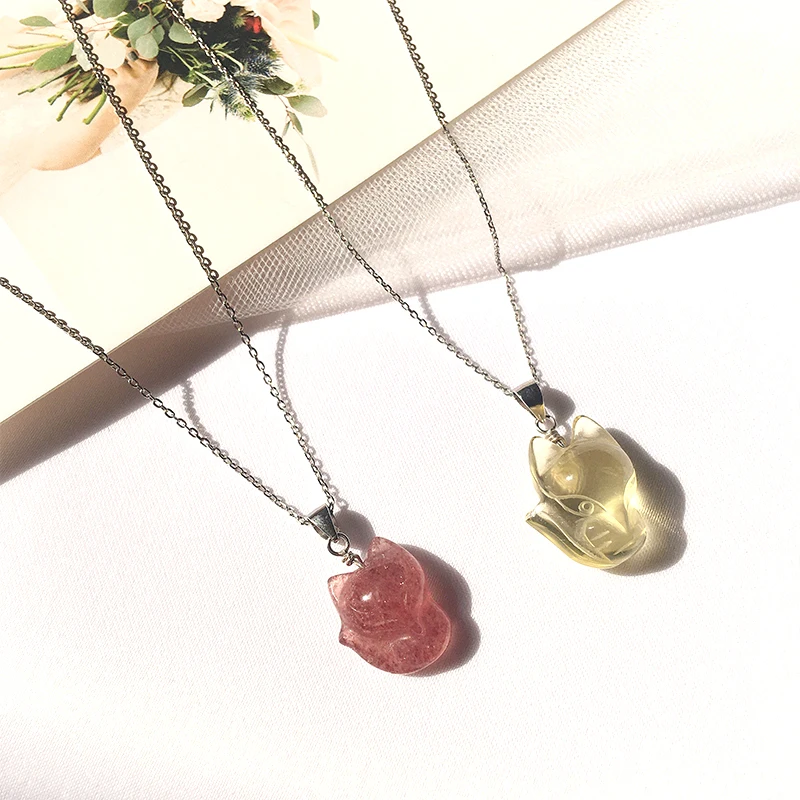 

Natural Citrine/Strawberry Crystal 925 Sterling Silver fox Pendant Necklace for Woman Girl Fashion Trendy Gift Lucky Jewelry