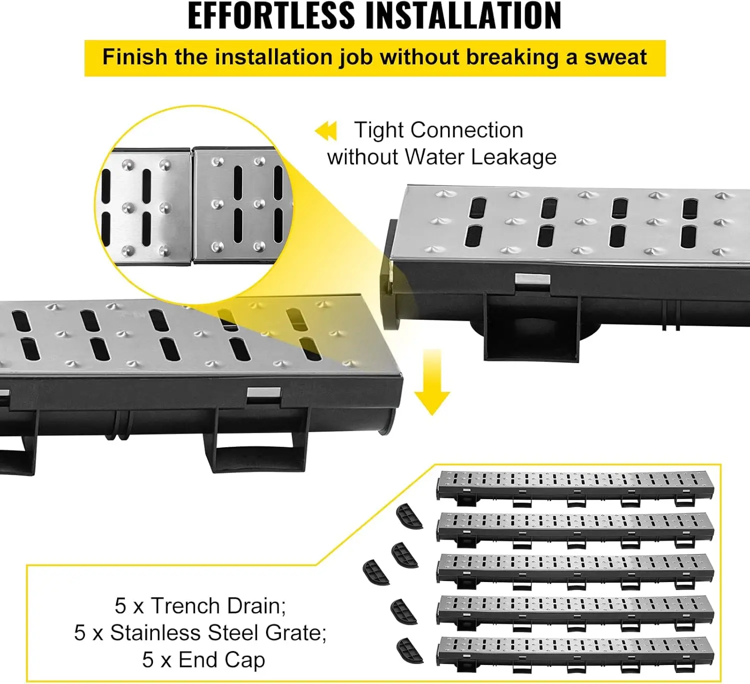 트렌치 배수 시스템, 5.7x3.1 인치 HDPE 배수 트렌치, 블랙 플라스틱 차고 바닥 배수구, 5x39 트렌치 배수구, 진입로-5 팩