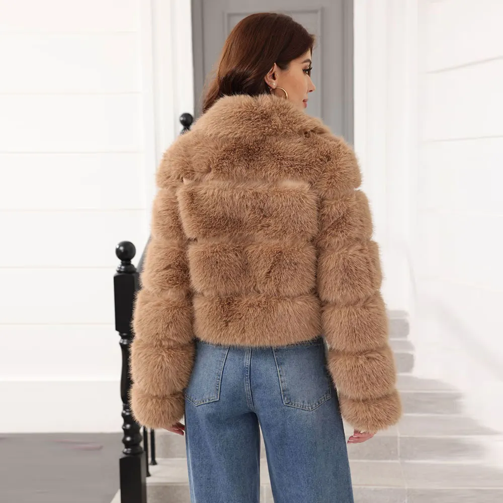معطف نسائي من الفرو الصناعي المنفوش بياقة مقصوصة سترة عصرية سميكة وقصيرة ملابس خارجية 2024 معاطف قطيفة للسيدات ملابس الشارع
