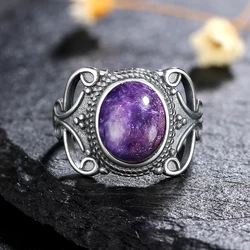 Natural Silver Rings Charoite Bead Gemstone Rings for Women Wedding Bands Anniversary Party Gifts Fine Jewelry