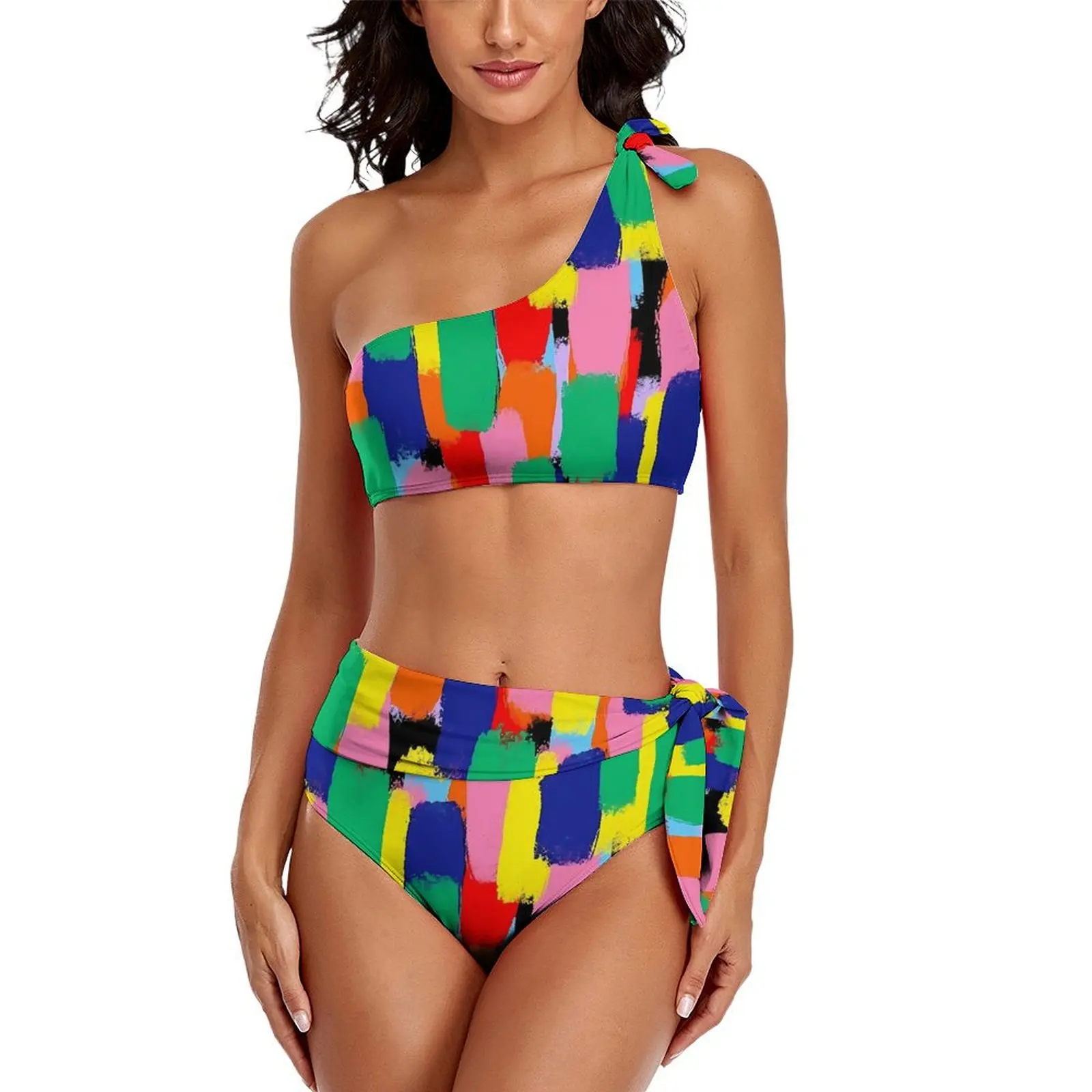 Bikini con estampado de pincel de pintura para mujer, bañador abstracto de arcoíris, traje de baño de cintura alta, conjunto de Bikini de diseño Sexy, Bikinis femeninos de realce