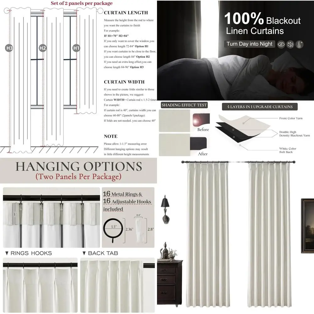 

90 Long 100% Blackout Pinch Pleat Linen Curtains, 40 Wide x 2 Panels, Thermal Insulated, for Bedroom, Living Room, Farmhouse Sty