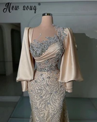 Dubai Luxury Champagne Lantern Sleeve Evening Dress Sheer Beaded Neck Wedding Party Gowns Muslim Plus Size Celebrity Dresses