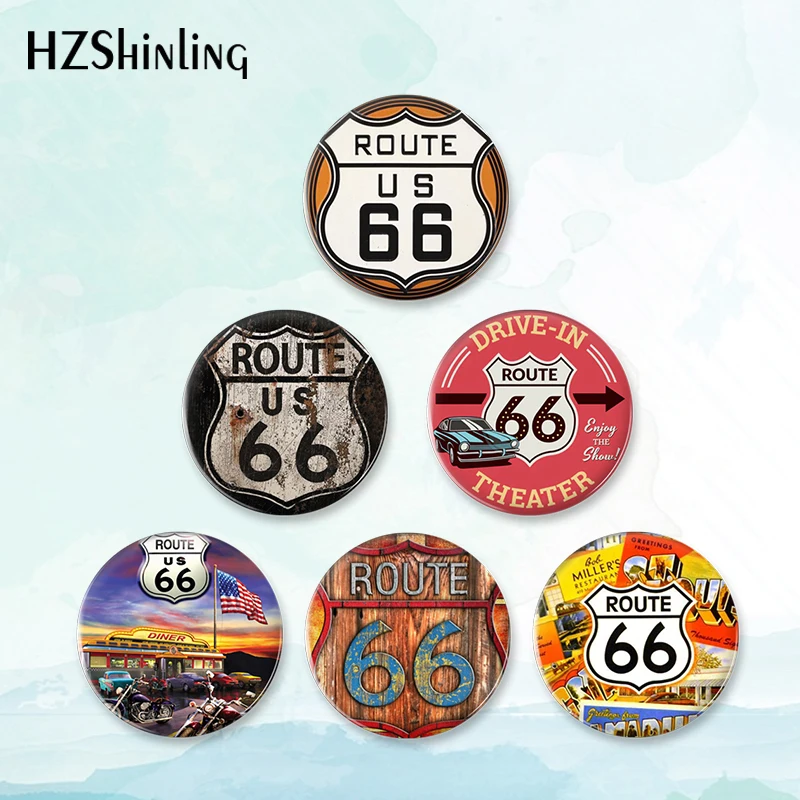 2023 New Route 66 Sign Badge Brooch Funny Button Pin Backpack Decoration Pins Round Jewelry Women Gift