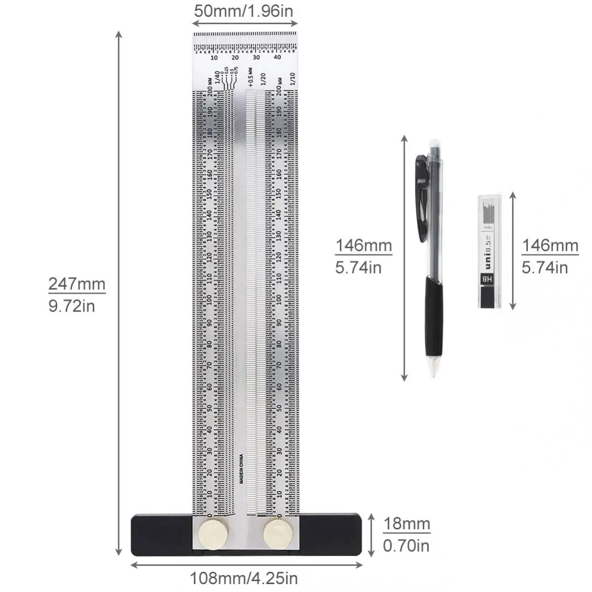 200/300/400 mm Precision Marking Stainless Steel T Ruler Scribing Gauge Rule Woodworking Measuring Tool with Automatic Pencil