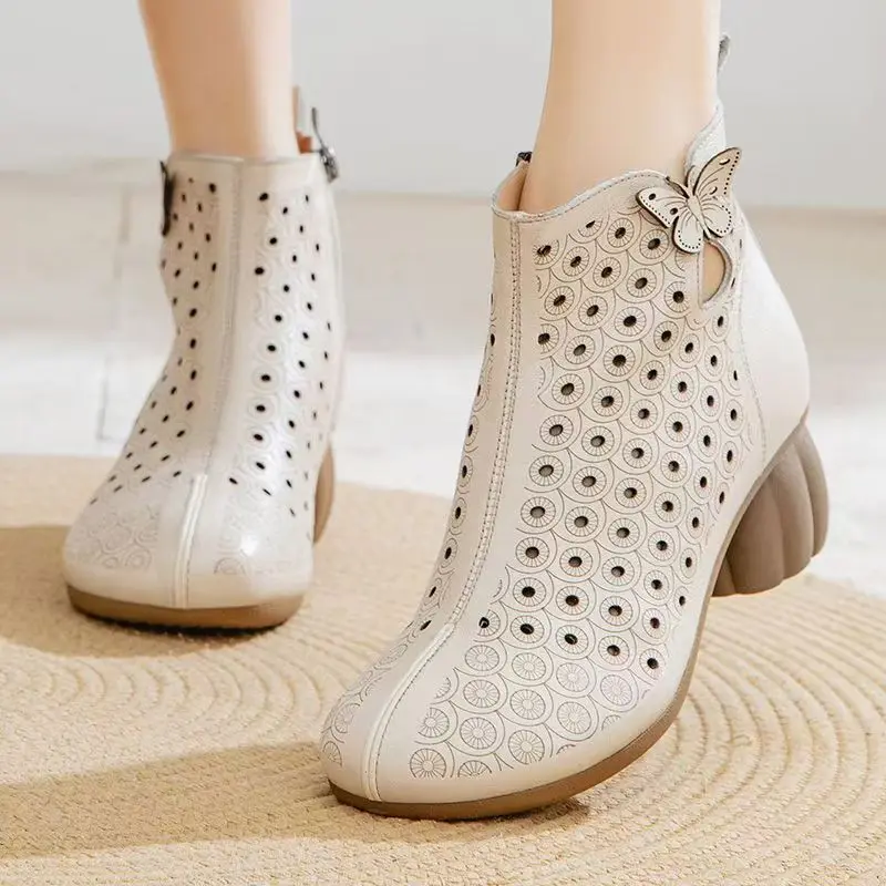 Women Woven Hollow Out Low Heel Cool Boots Spring Summer New Soft sole Pointed Toe Breathable High Quality Zippers Ankle Boots