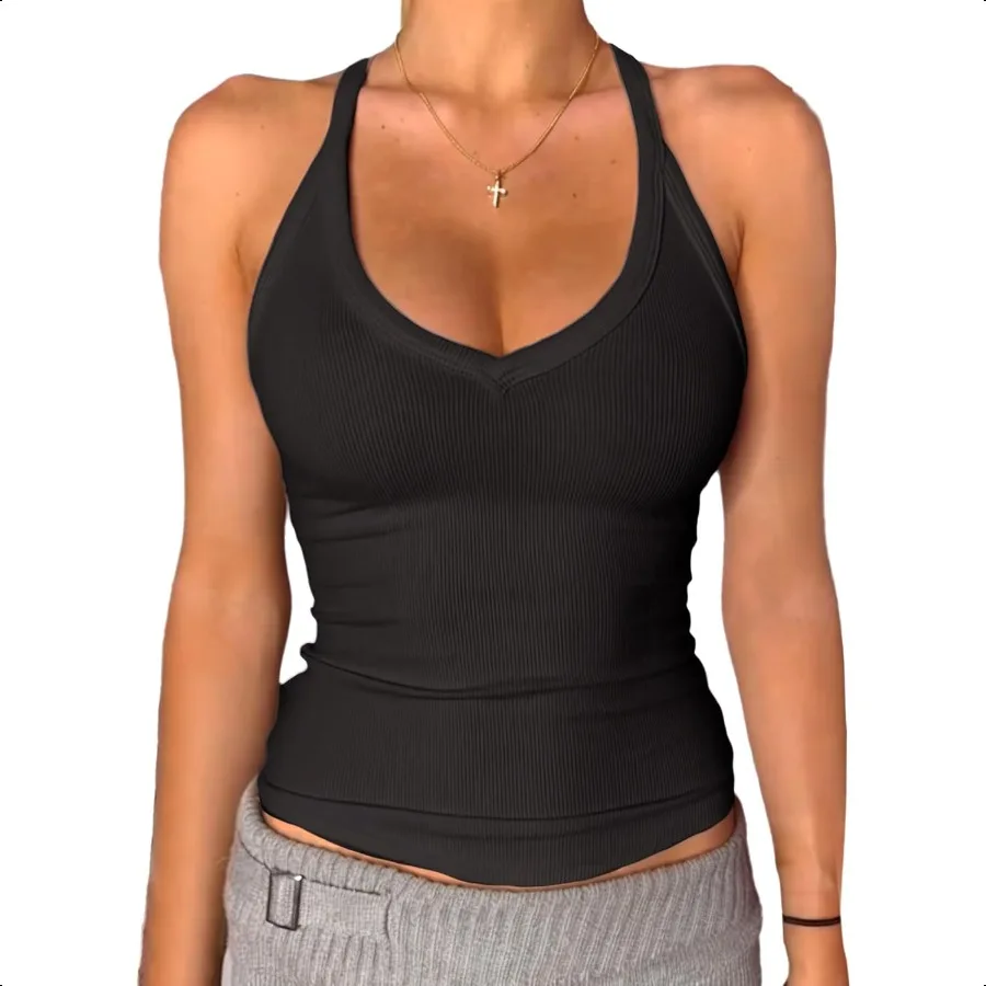 

Danysu Женская майка с V-образным вырезом и гонщиной на спине, длинная майка в рубчик с мягкой подкладкой, базовые топы на бретельках