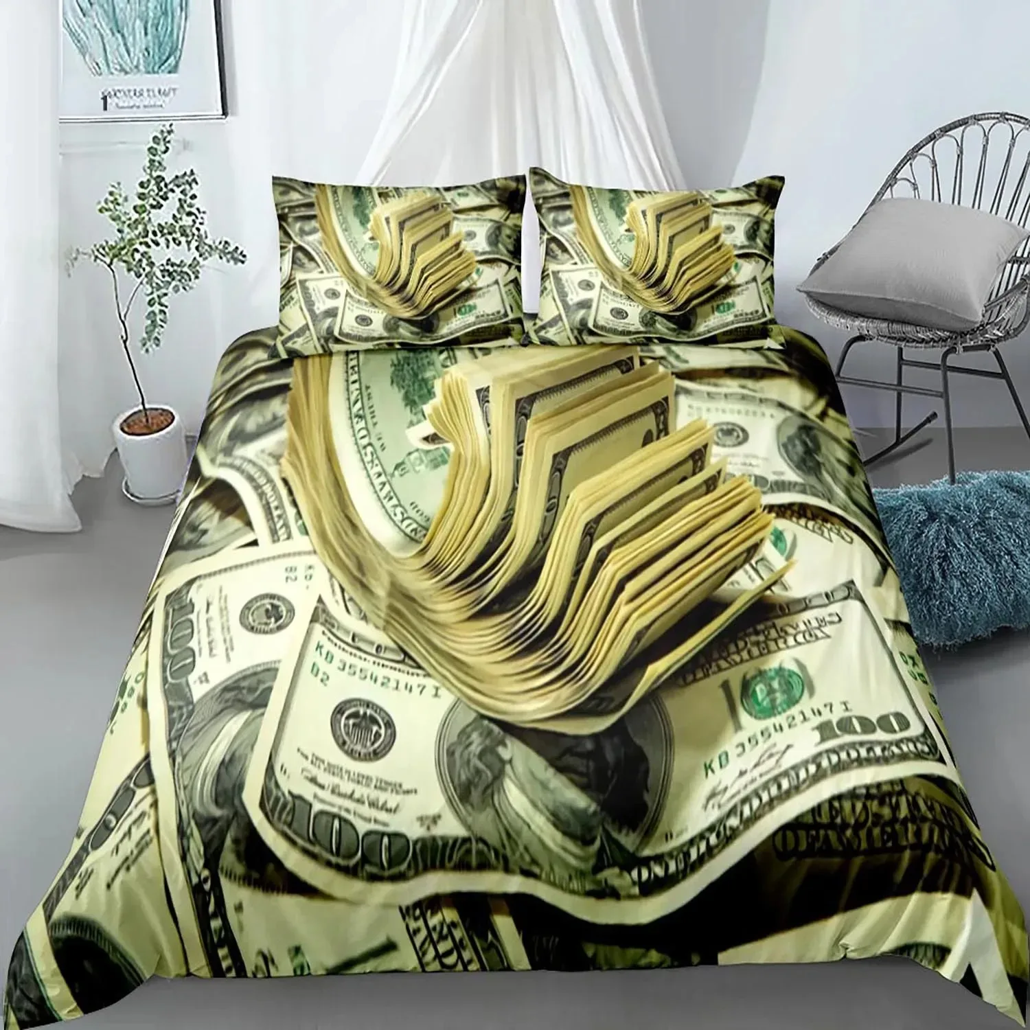 

Dollar Duvet Cover Set, Art Blue Printing Money 3 Piece Bedding Set Queen/King/Full/Twin Size Quilt Cover for Boys Teens Girls