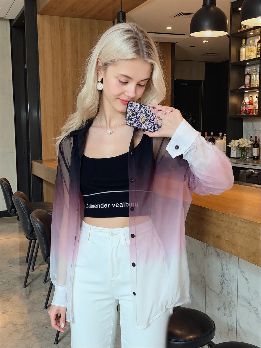 

Gradient See-through Shirts Harajuku Y2K Blouses Elegant Woman Top Summer Mandarin Collar Satin Casual Long Sleeve Button Solid