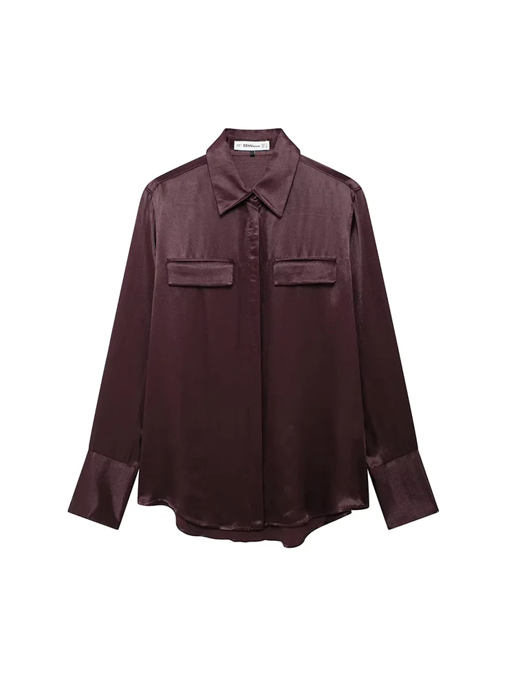 2024 Autumn/Winter Euro-American Style Women Solid-Color Fashion Casual Long-Sleeve Pocket Decorative Shirt