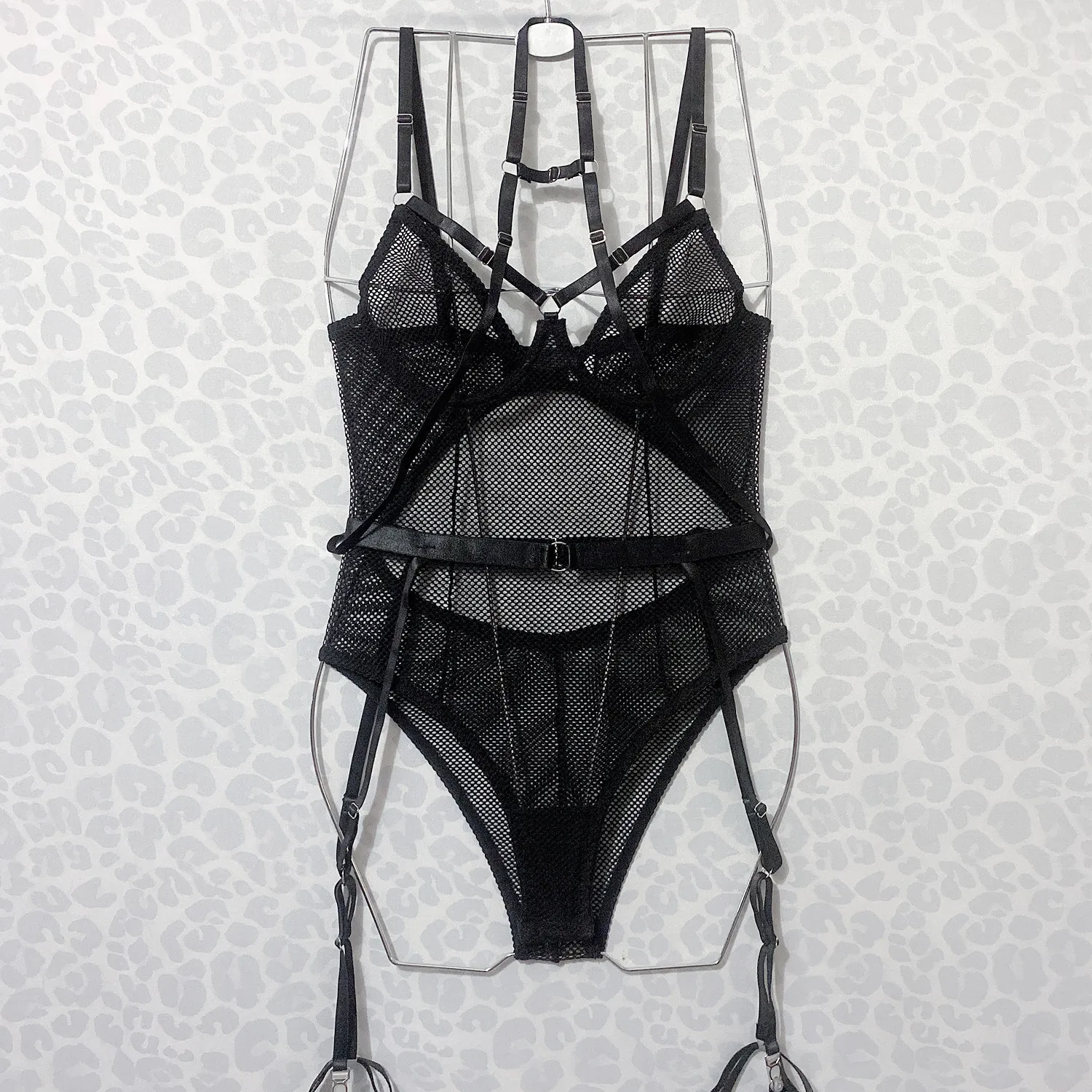 

International site Amazon cross-border European and American luxury black mesh sexy women's bodysuit; fun sheer two-piece set.