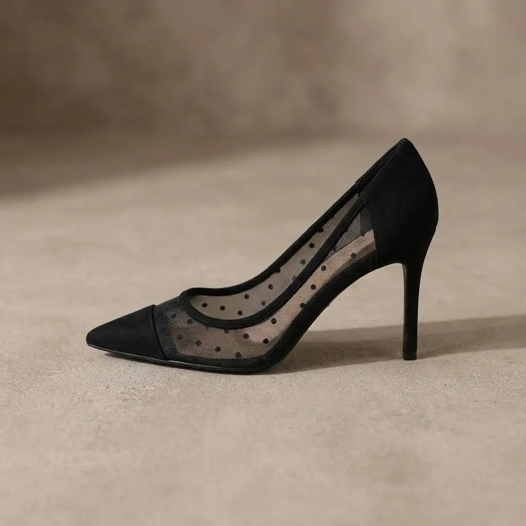 Yuejinlong Women Black Mesh Pointed Heels 2026, Niche Design Sexy Stiletto Pumps - Breathable Comfort, YJL-2610