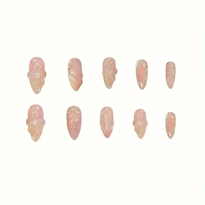 24pcs Light Pink False Nails Wearable Almond Press On Nails With 3D Flowers Water Ripple Designs Korean Sweet Fake Nail Tips