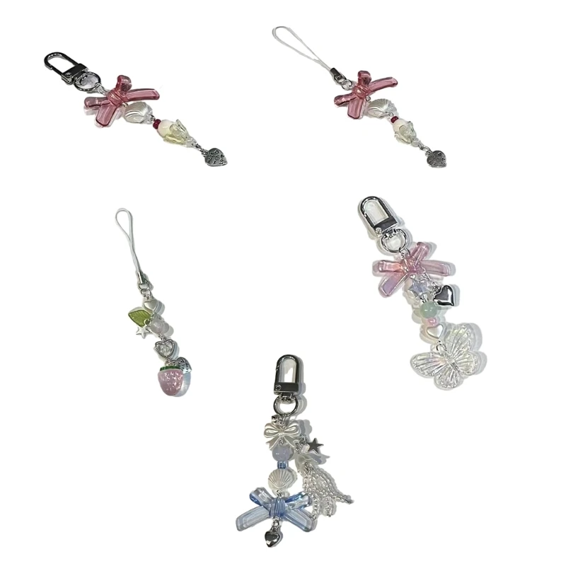 Cute Strawberry Keychain Butterfly Cherry Pendant Keyring for Clothing Bags Beaded Butterfly Keyholder Birthday Women Y08E