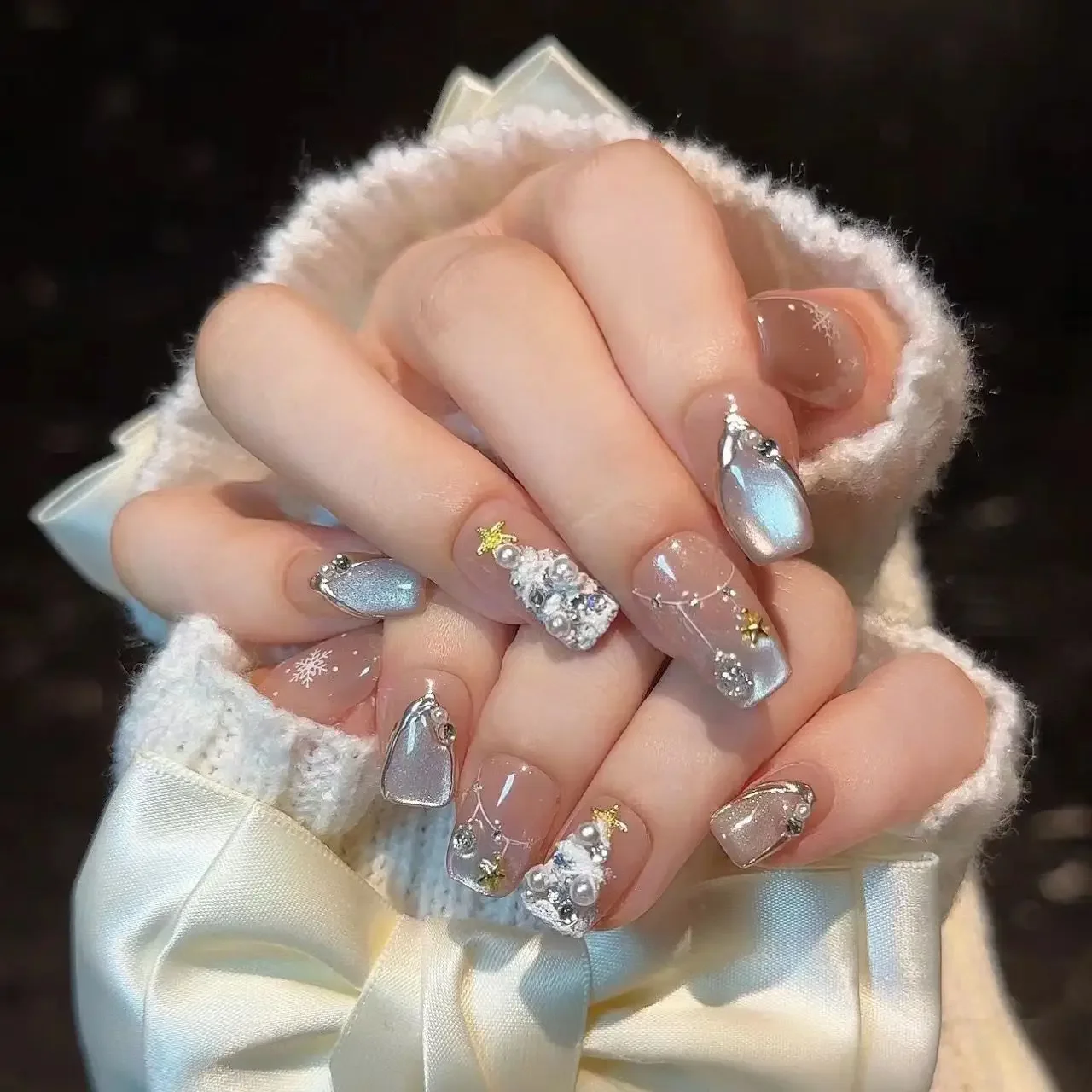 Winter Christmas Press On Nails Handmade Super Glitter White Cat Eye Plaster Christmas Tree Fake Nail Patches Removable