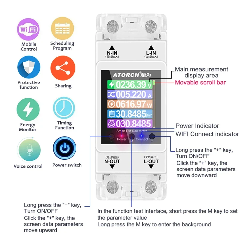 SAT Compteur de puissance électrique monophasé Tuya، numamericana 3، وضع الدفع، السكك الحديدية DIN 35 مم، القيادة عند المسافة avec التطبيق