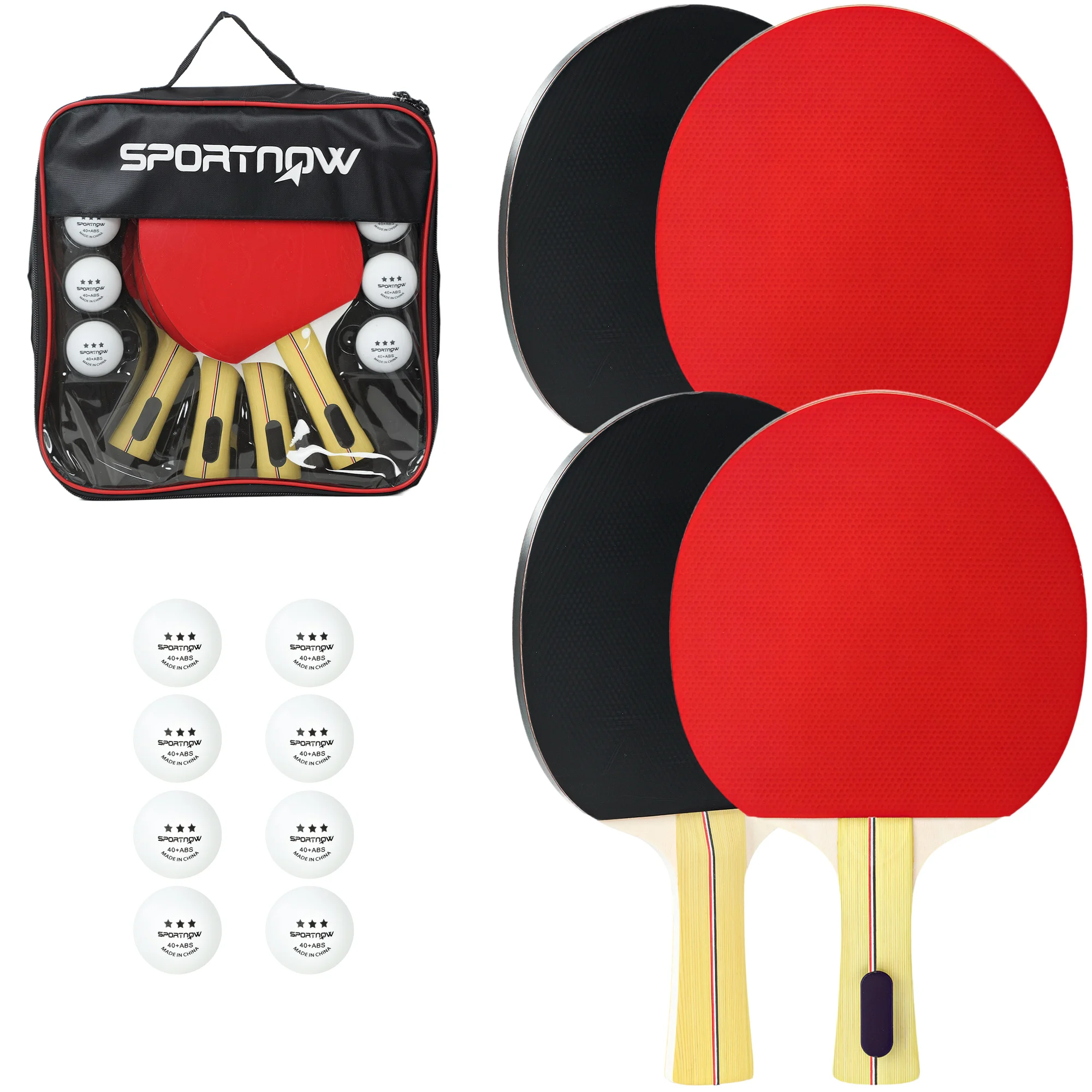 Sportnow Pingpongbatjes, draagbare tafeltennisset, met 4 pingpongrackets, 8 ballen en draagtas, voor beginners, experts, binnen en buiten, rood