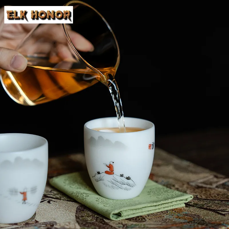 100 مللي لحم الضأن الدهون اليشم كوب رئيسي زن رسمت باليد المشهد فنجان الشاي السيراميك تذوق القدح الشاي القديم زوج كوب عطر المقاهي هدية