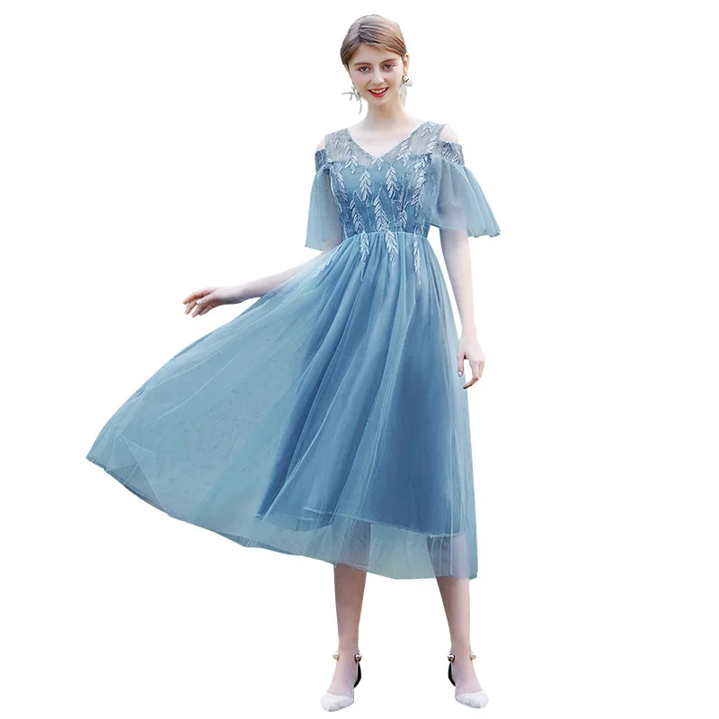 Off Shoulder Tulle Bridesmaid Dresses Women Embroidery Long Sleeves Bandage Choir Dress Elegant Simple Modern Evening Gown