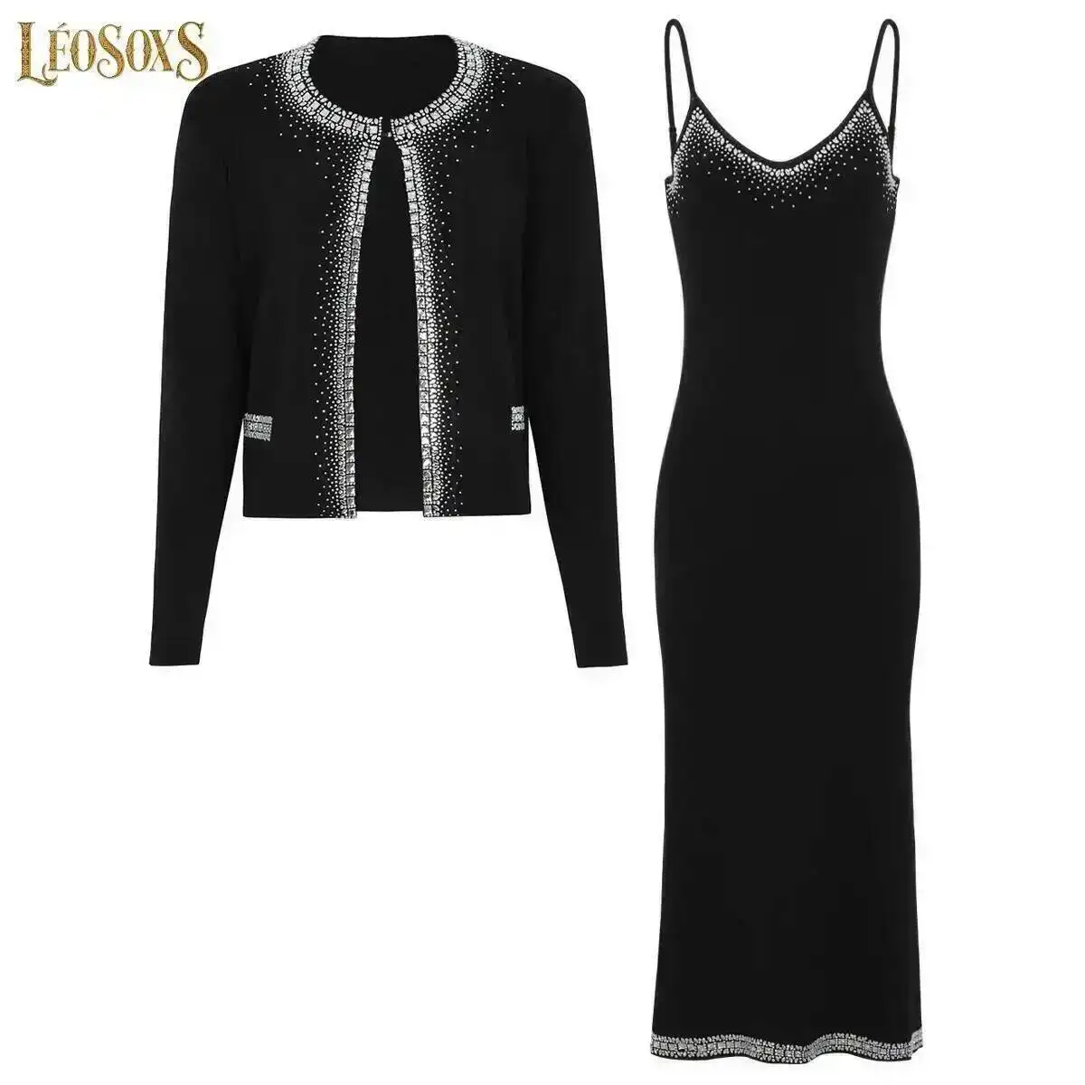 

LEOSOXS 2 Piece Rhinestone Knit Dress Set Long Sleeve Cardigan + Cami Maxi Dress Elegant Evening Party Outfit