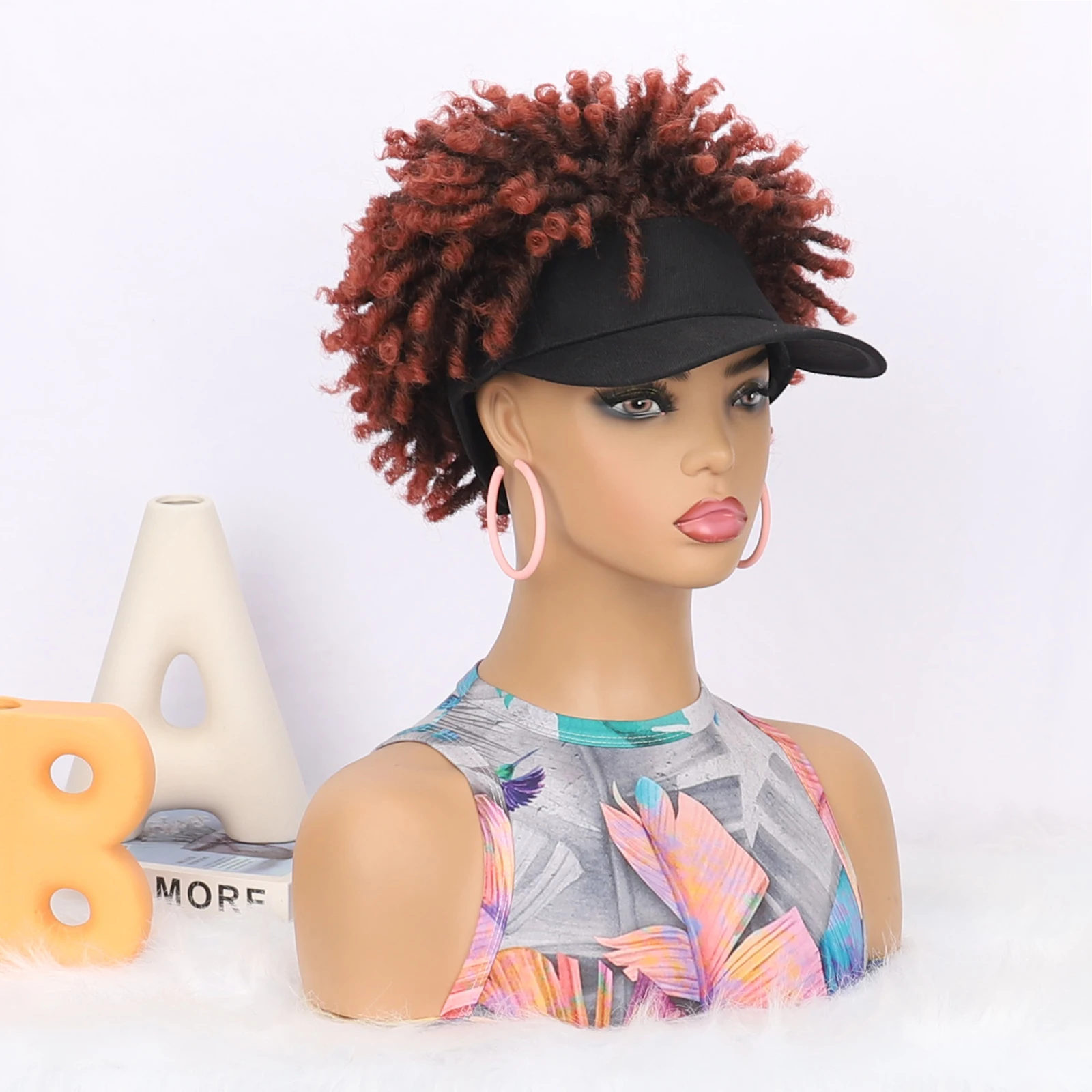 Hat Wigs Short Afro Kinky Hair with Black Baseball Cap Attached - Synthetic Hair Afro Puff Kinky Curly Hair Wig For Women