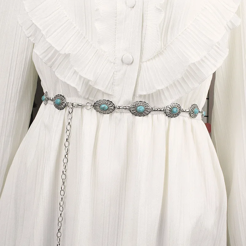

New Western Metal Concho Belt Vintage Classic Turquoise Inlaid Adjustable Metal Chain Belt Boho Body Jewelry Dress Waist Chain