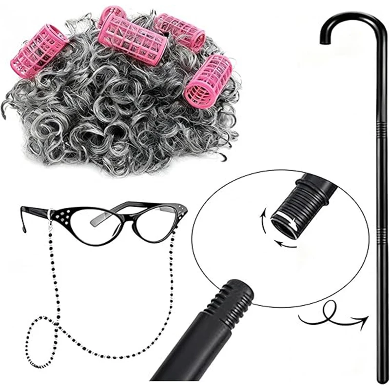Kinderen oude dame rollenspel kostuum meisjes 100-dag van school aankleden oma grijze pruik oma bril sok carnaval cosplay accessoire