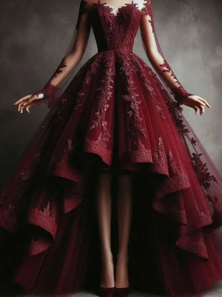 فستان عتيق للحفلات الراقصة ذو طيات عنابي على شكل حرف a مناسبة عيد الميلاد مزين بالدانتيل وأكمام طويلة ملابس استقبال مخصصة