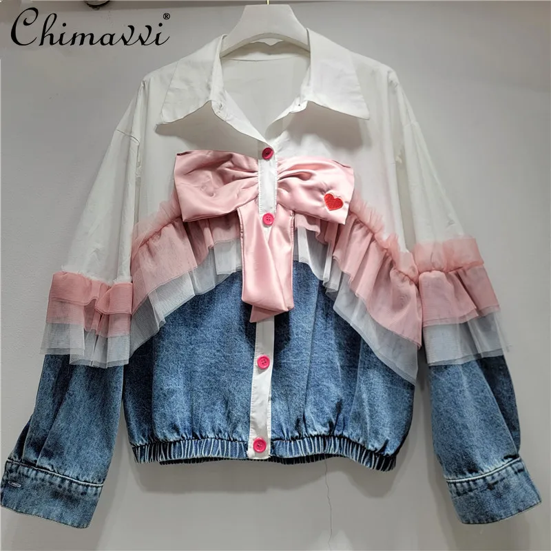 

European Station Spring New French Fashion Shirt Splicing Bow Yarn Lace Denim Shirt Jacket Women's Loose Long Sleeve Jackets
