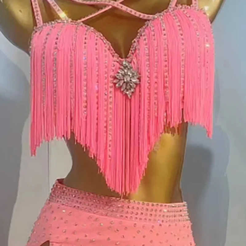라틴 댄스 의상 라인스톤 여성용 고급 맞춤형 핑크 태슬 스트랩 삼바 댄스 드레스 공연 드레스