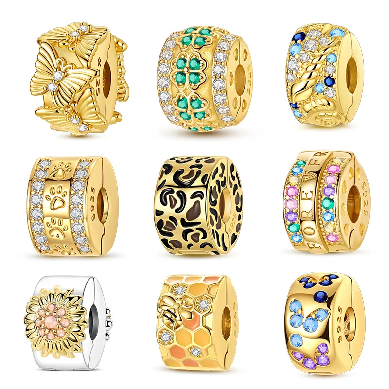 Original-Charm aus 925er-Sterlingsilber, bunter Zirkon, Gold-Clip-Perle, passend für Original-Armbänder für Frauen, DIY-Zubehör, Schmuck, Geschenk