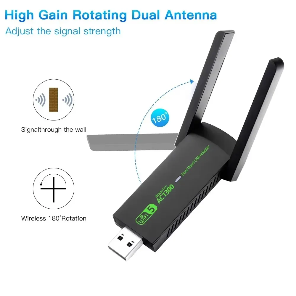 

AC1300 USB Wifi Adapter Network Card 1300Mbps WiFi 5 Dual Band 2.4G 5G Wireless Dongle Receiver Antenna